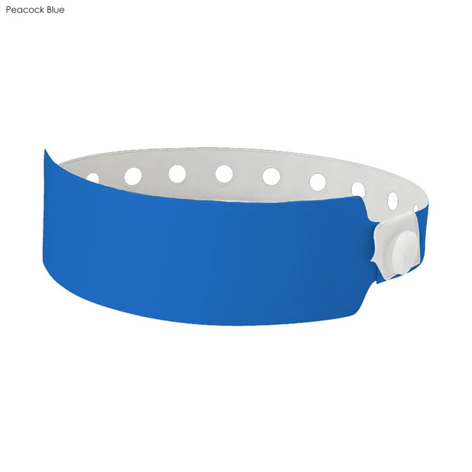 A peacock blue plastic wristband with white fastening and holes, designed for events and exhibitions.
