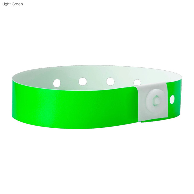 A light green wristband made of plastic with a fastening button and several holes. It has a branding logo.