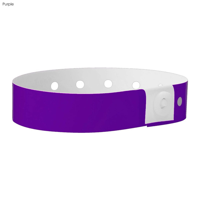 A purple plastic wristband with a white interior and fastening, featuring circular holes for adjustment.