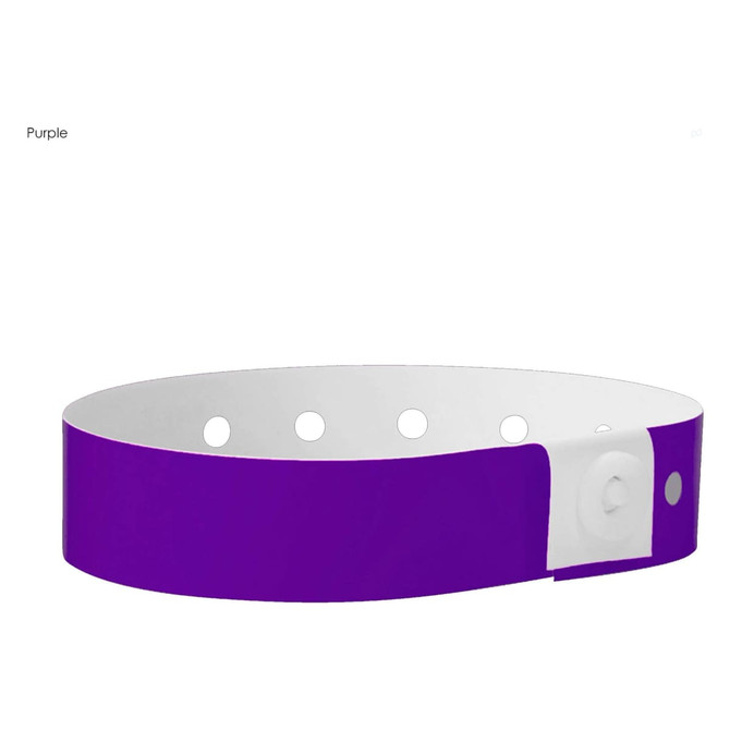 A purple plastic wristband with a white fastening and several holes for adjustment. Features a logo.