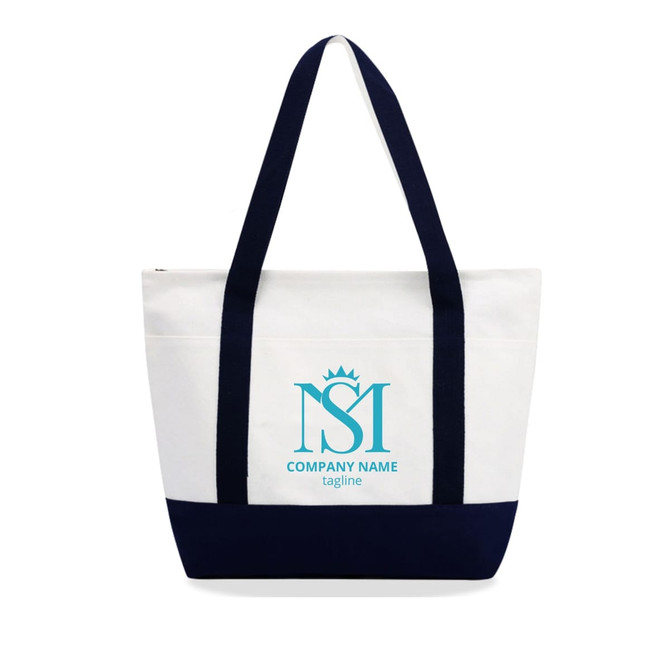 A large canvas tote bag in white with navy blue handles and base, featuring a logo on the front.