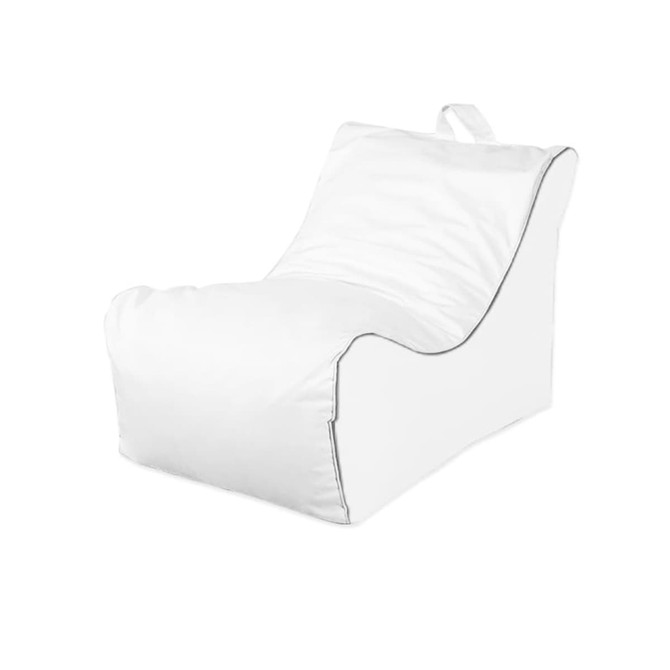 A white outdoor chair with a smooth, modern design and a simplistic shape. It features a handle for easy movement.