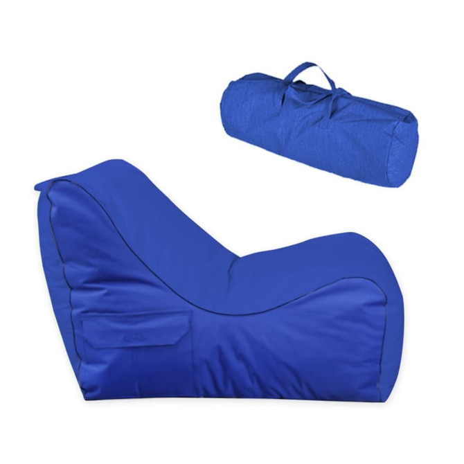 A blue outdoor chair with a curved design, accompanied by a rolled carry bag in the same colour.