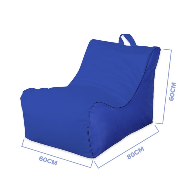 A blue beanbag chair with a backrest and handle, measuring 60cm by 80cm. It has a simple, modern design.