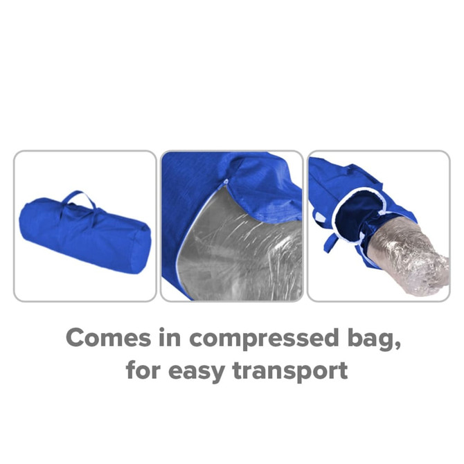 A compressed blue bag containing a chair, featuring a handle for easy transport. Includes a clear cover.