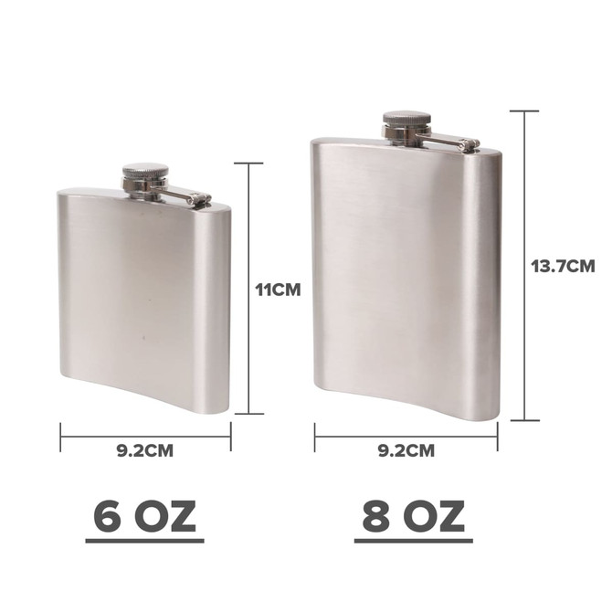 A stainless steel hip flask in a sleek design, featuring two sizes and measurements for capacity.