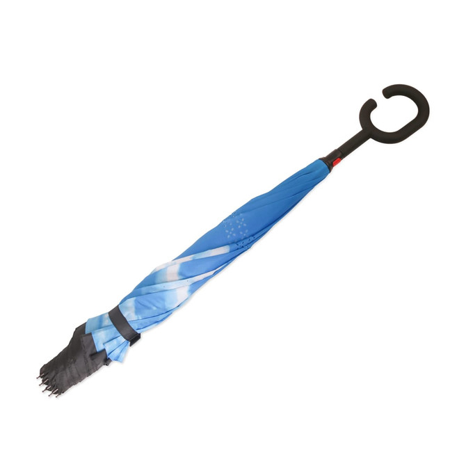A blue reversible folding umbrella with a curved black handle and a logo.