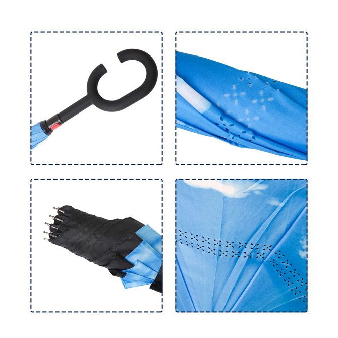 A reversible folding umbrella in blue, featuring a curved black handle and a patterned canopy with a variety of detailing.