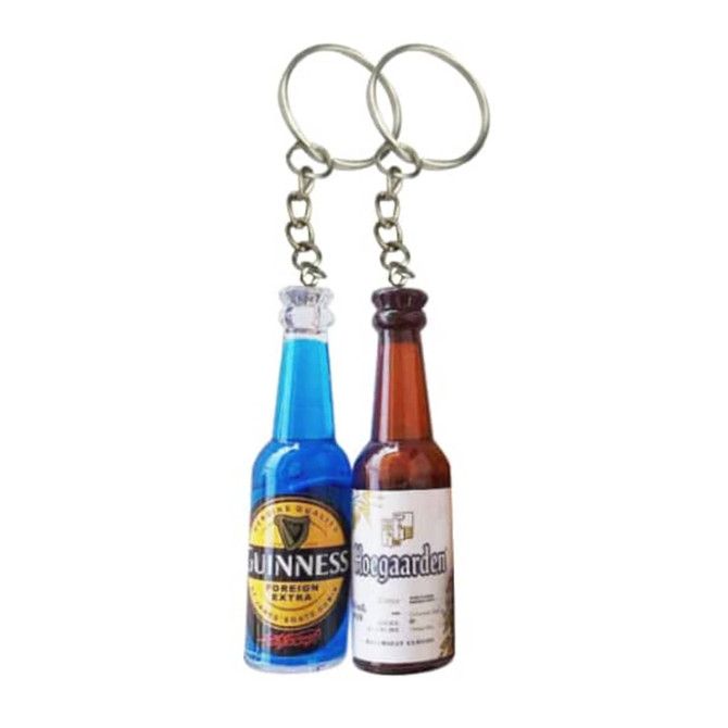 Two custom shape resin keychains resembling drink bottles in blue and brown, attached to metal key rings.
