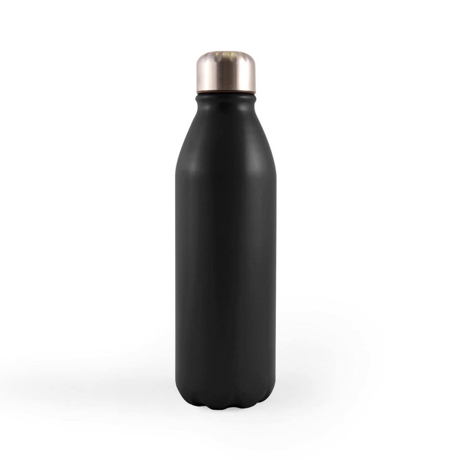 A drink bottle with a sleek black finish and a metallic cap, designed for holding beverages.
