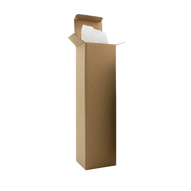 A tall, open brown cardboard box with white tissue paper inside. The box is empty and upright.