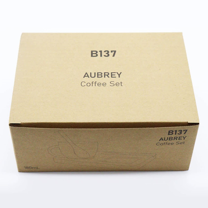 A brown cardboard box containing the "Aubrey Coffee/Tea Set," with a simple logo and illustration on the front.