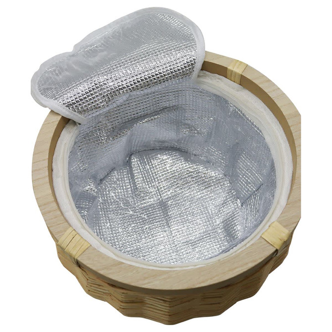 A wooden cooler basket with a silver insulated interior, featuring a removable lid.