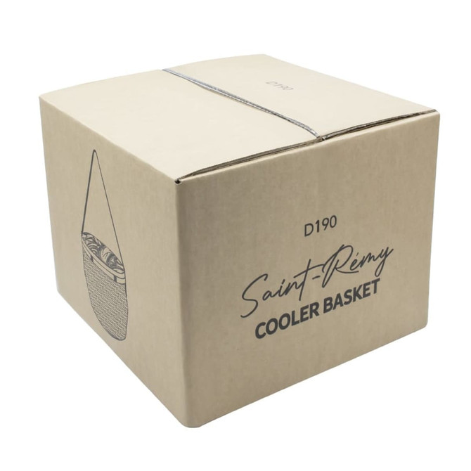 A brown cardboard box featuring a cooler basket design with a logo, showcasing a woven texture.