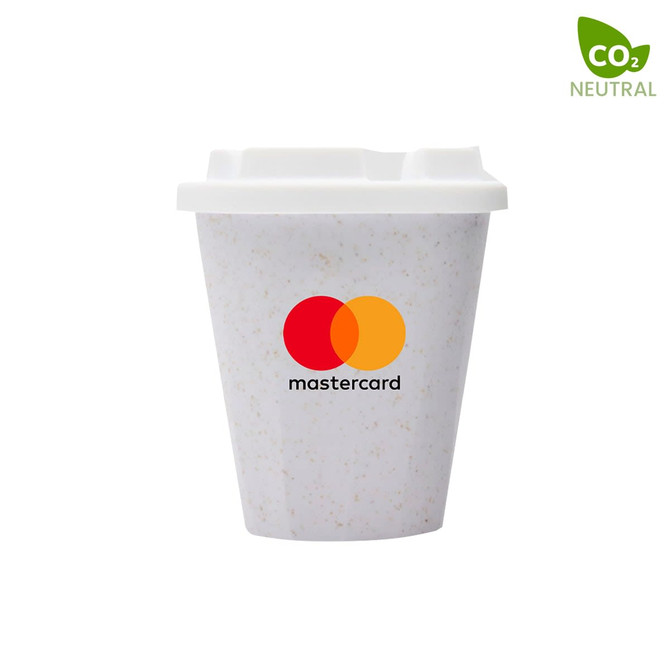 A drink cup in white with a speckled design, featuring a logo, and a lid. Capacity is 350mL.