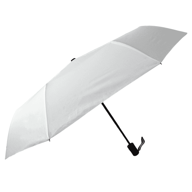 A white umbrella with a black handle features a logo on the canopy.