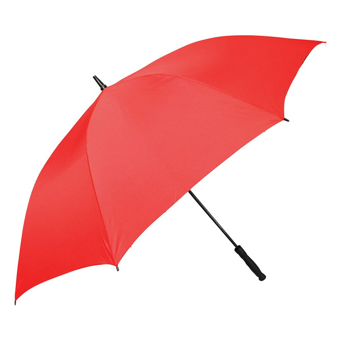 A red umbrella with a black handle and a branded logo.
