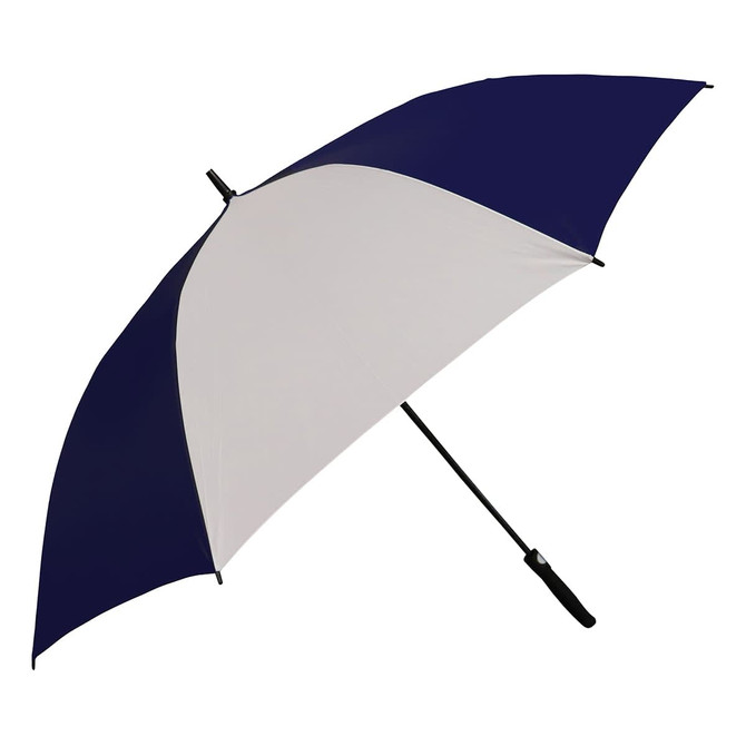 A navy and white umbrella featuring a black handle and a branding logo on the handle.