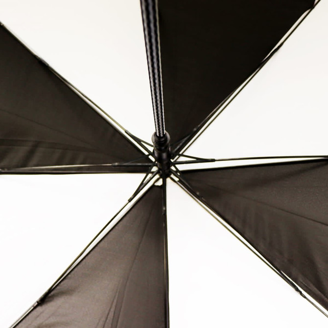 A black umbrella viewed from above, showcasing its spokes and fabric. It features a central opening with a supporting rod.