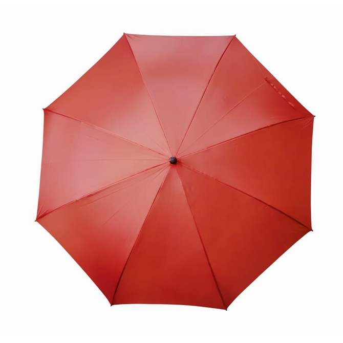 A red umbrella featuring a central opening mechanism and a simple design. It has a black grip handle.