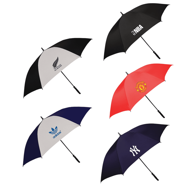 A collection of umbrellas in various colours including black, red, navy, and grey, featuring different logos.