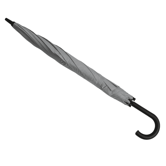 A grey umbrella with a black, curved handle and a compact design. It features a logo on the fabric.