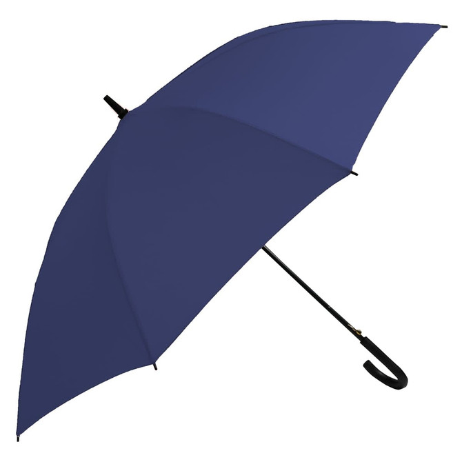 A navy umbrella with a black handle and a curved hook. It features a branded logo.