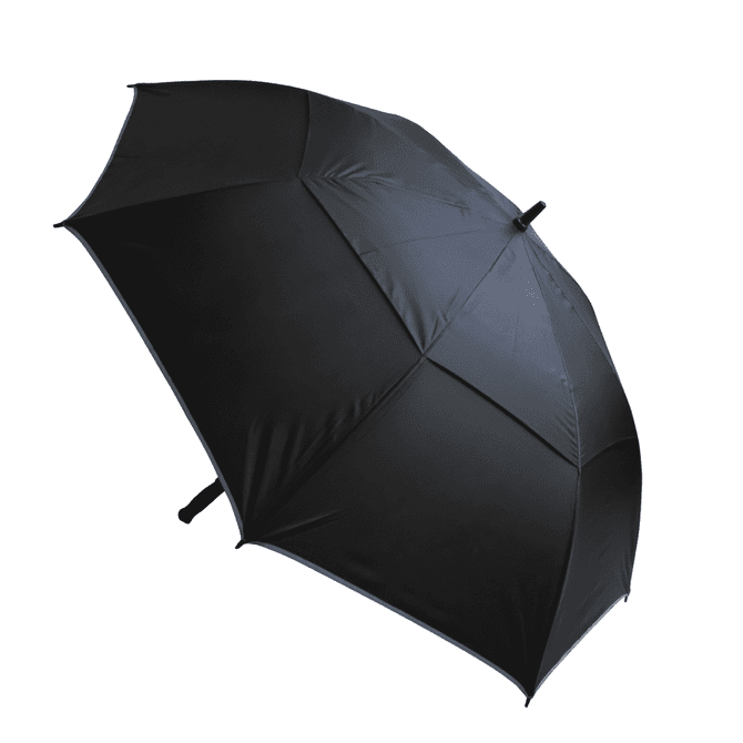 A black umbrella with a sleek design and a central support pole. It features a logo on the handle.