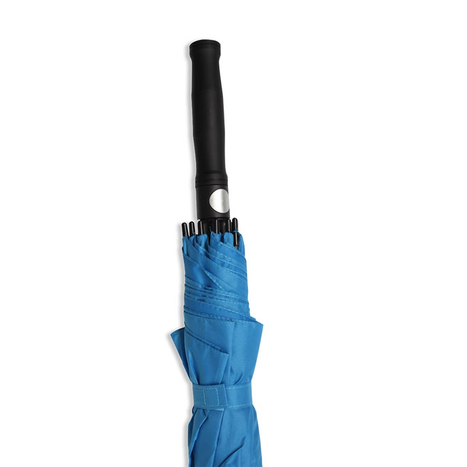 A blue umbrella with a black handle, featuring a logo on the handle.