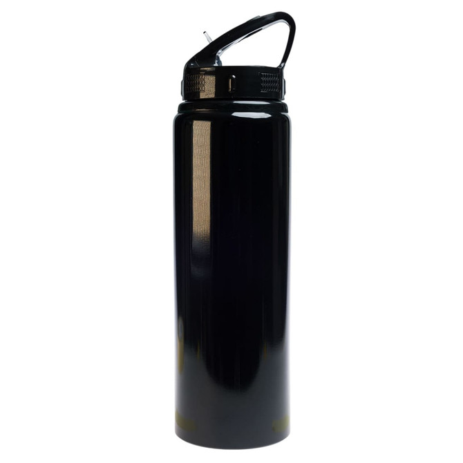 A drink bottle featuring a sleek black design and a flip straw lid, with a capacity of 750ml.