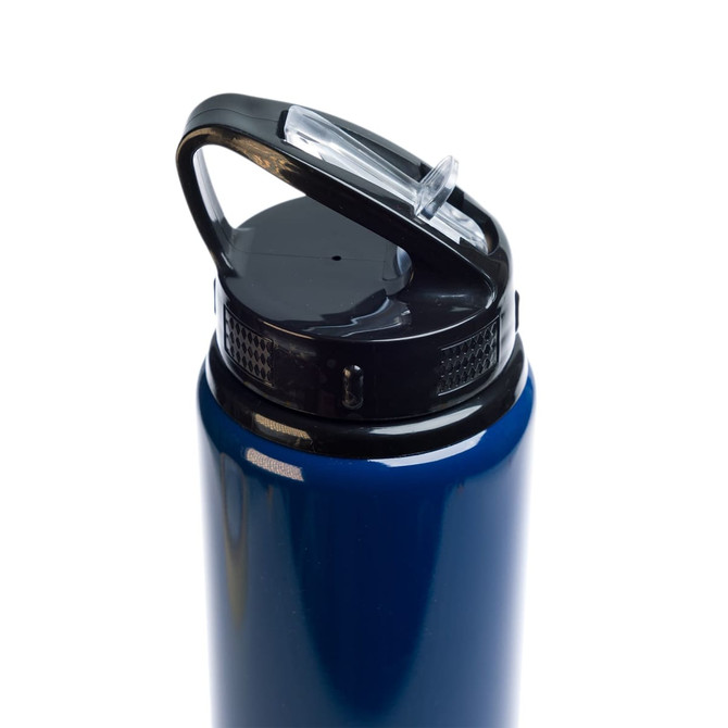 A drink bottle with a sleek navy blue body and a black flip straw lid, designed for easy sipping.