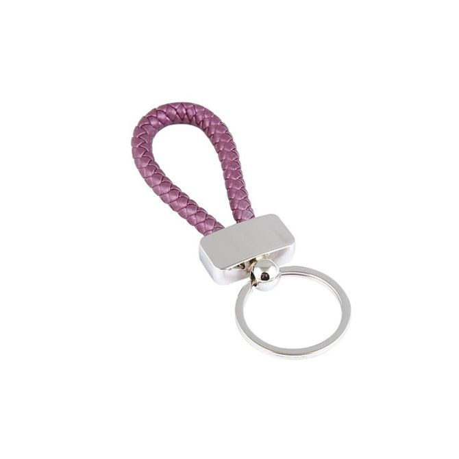 A metal keyring tag with a braided purple strap and a circular metal ring attachment. It includes a logo.