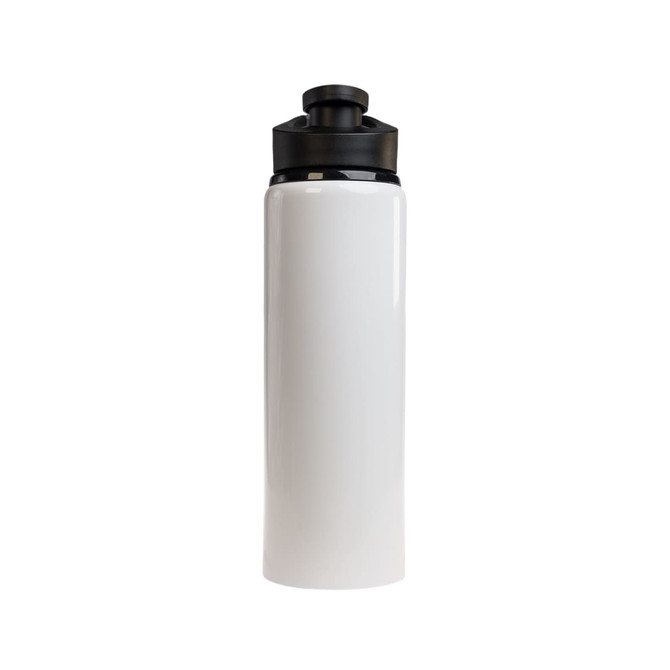 A drink bottle with a white body and a black free flow lid. It includes a logo on the body.