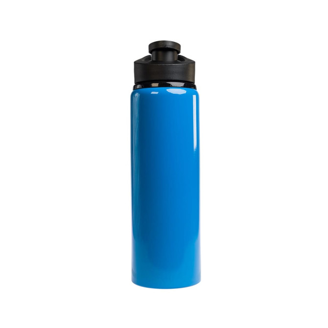 A drink bottle in vibrant blue with a black free flow lid. It has a sleek, glossy finish.