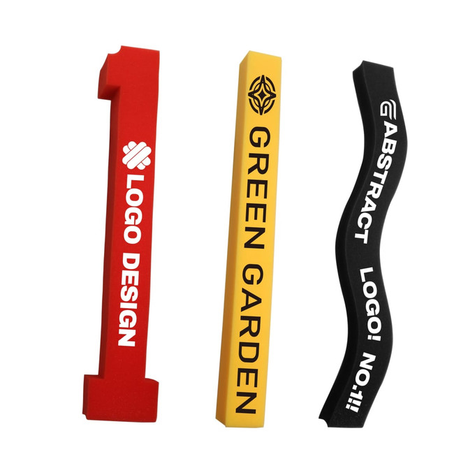 A collection of three promotional cheersticks in red, yellow, and black, featuring various logos and text.