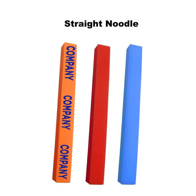 Three straight noodle-shaped promotional products in orange, red, and blue, featuring a company logo.