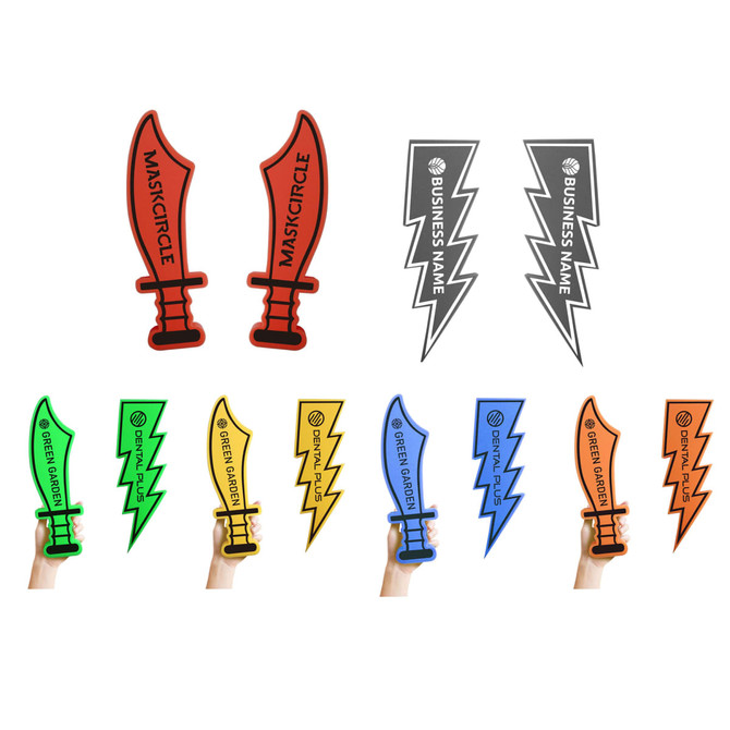 Promotional Sponge Waver Cheersticks in various colours, including green, yellow, red, and orange, featuring a logo.