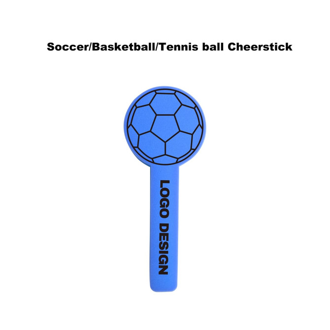 A blue cheer stick with a soccer ball design at the top and a logo on the handle.