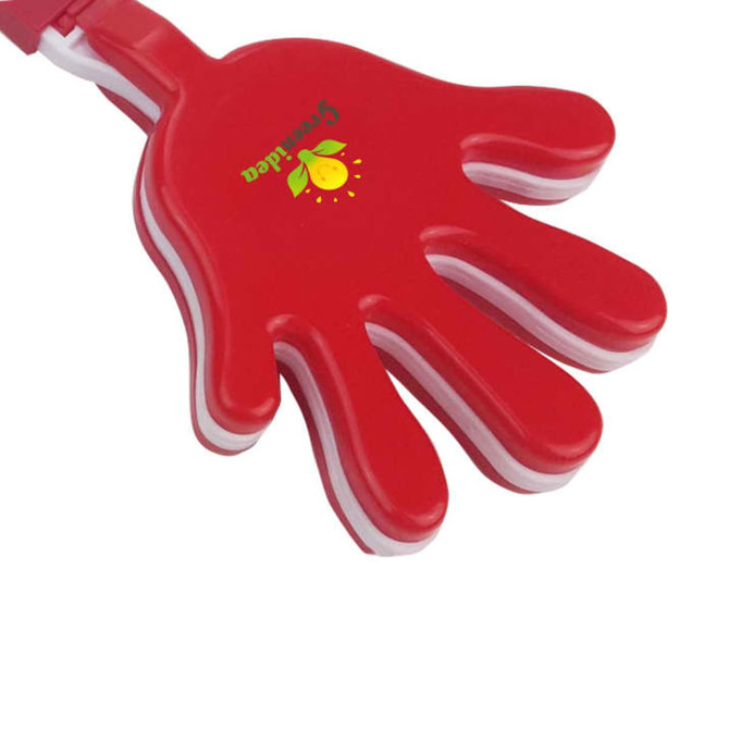 A red hand clapper with white accents and a logo, featuring a hand shape designed for noise-making.