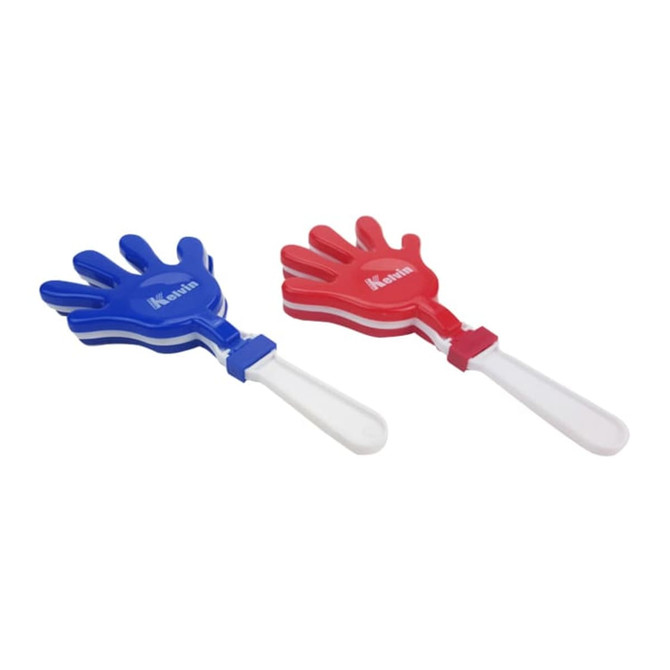 Two hand clappers in blue and red, featuring a white handle and a logo on the side.