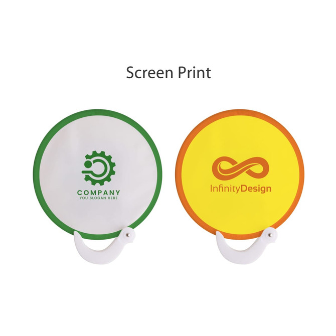 A 20cm foldable fan in white, yellow, and orange featuring two different printed designs and a handle.