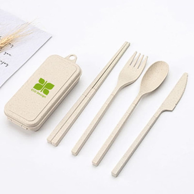 A beige travel utensils set containing a knife, fork, spoon, and chopsticks in a matching case with a logo.