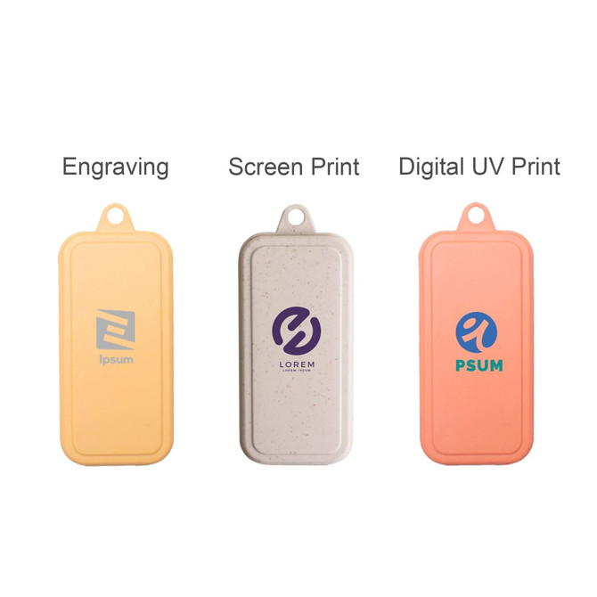 Three portable utensil cases in yellow, white, and coral featuring various logo designs.