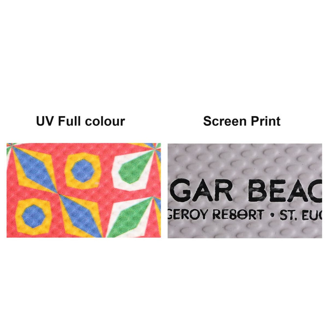A close-up of two fabric samples: one with a colourful geometric design and the other showcasing simple screen printing.
