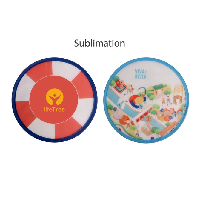 A foldable frisbee in red and blue, featuring two different designs on each side and a logo.