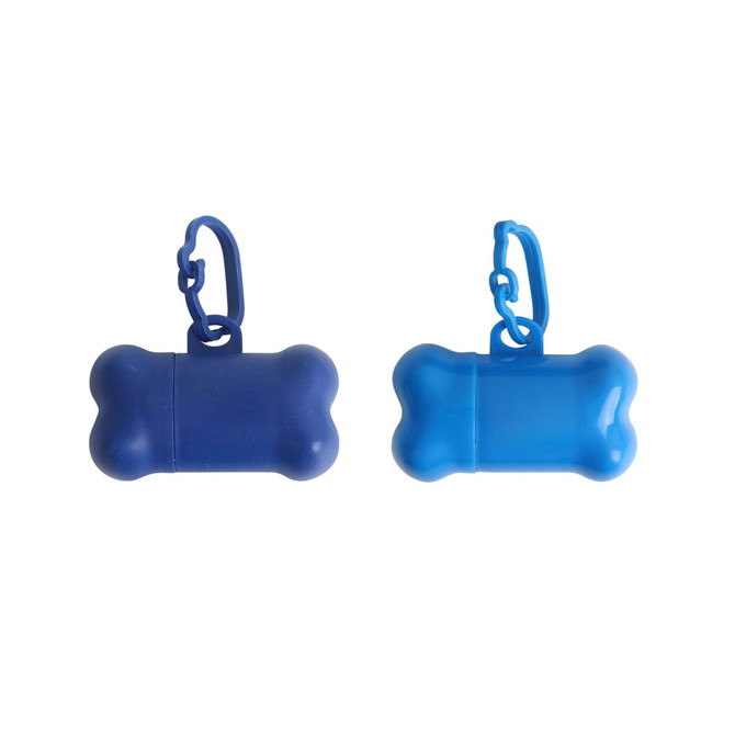 Bone-shaped pet waste bag dispensers in blue and navy, featuring clips for attachment.