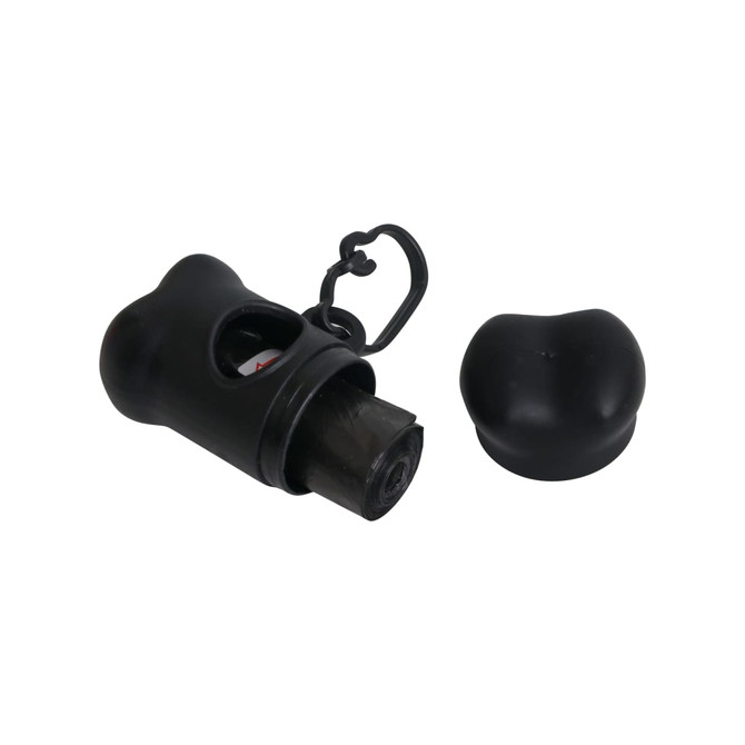 A black bone-shaped pet waste bag dispenser with a removable cap, featuring a clip for attachment.