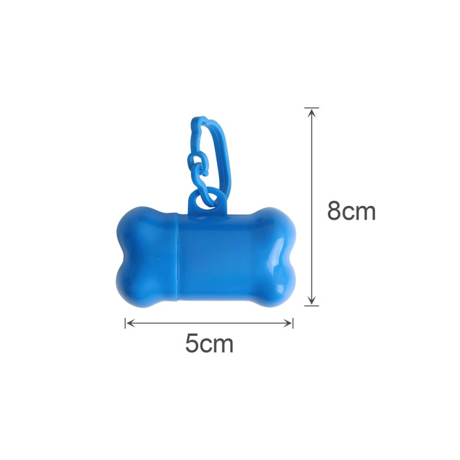A blue bone-shaped pet waste bag dispenser with a clip, measuring 8cm by 5cm.