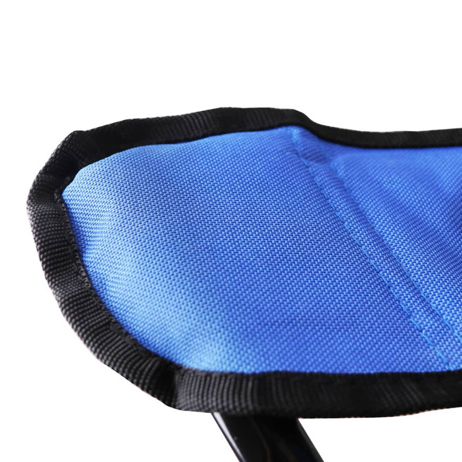 A close-up of a blue fabric camping chair with black edging. The chair features a sturdy frame.