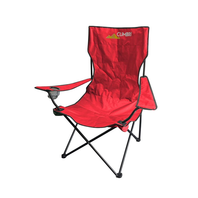 A red foldable portable camping chair with armrests, a cup holder, and a black metal frame. It features a logo.